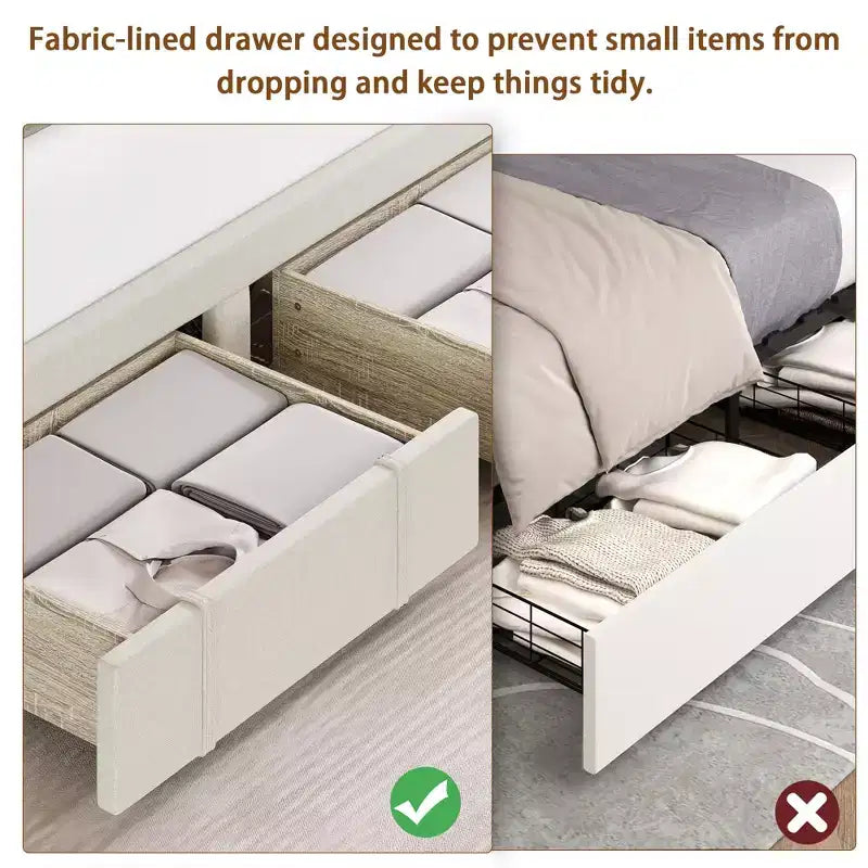 Cadre de lit Queen Size avec 2 tiroirs de rangement, cadre de lit plateforme rembourré avec tête de lit capitonnée réglable, sommier tapissier à lattes