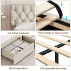 Cadre de lit Queen Size avec 2 tiroirs de rangement, cadre de lit plateforme rembourré avec tête de lit capitonnée réglable, sommier tapissier à lattes