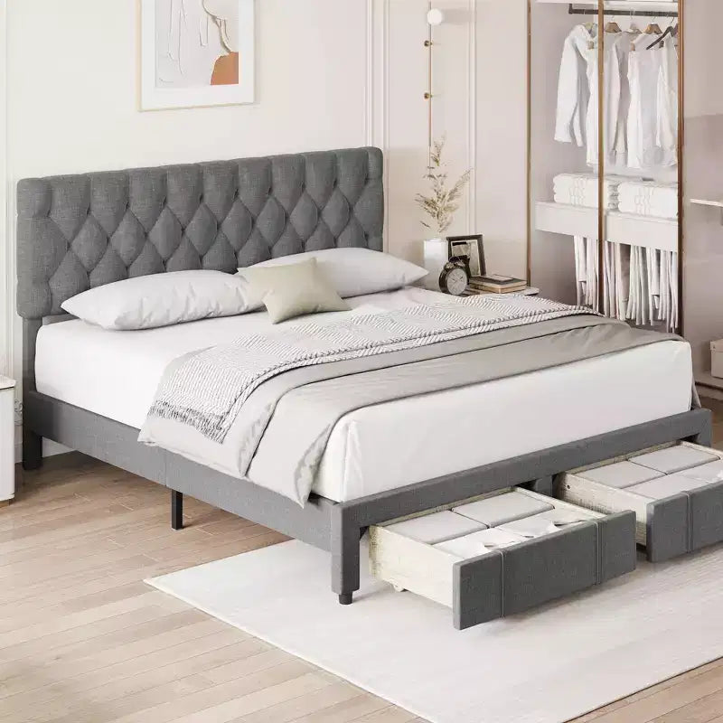 Cadre de lit Queen Size avec 2 tiroirs de rangement, cadre de lit plateforme rembourré avec tête de lit capitonnée réglable, sommier tapissier à lattes