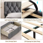 Cadre de lit Queen Size avec 2 tiroirs de rangement, cadre de lit plateforme rembourré avec tête de lit capitonnée réglable, sommier tapissier à lattes