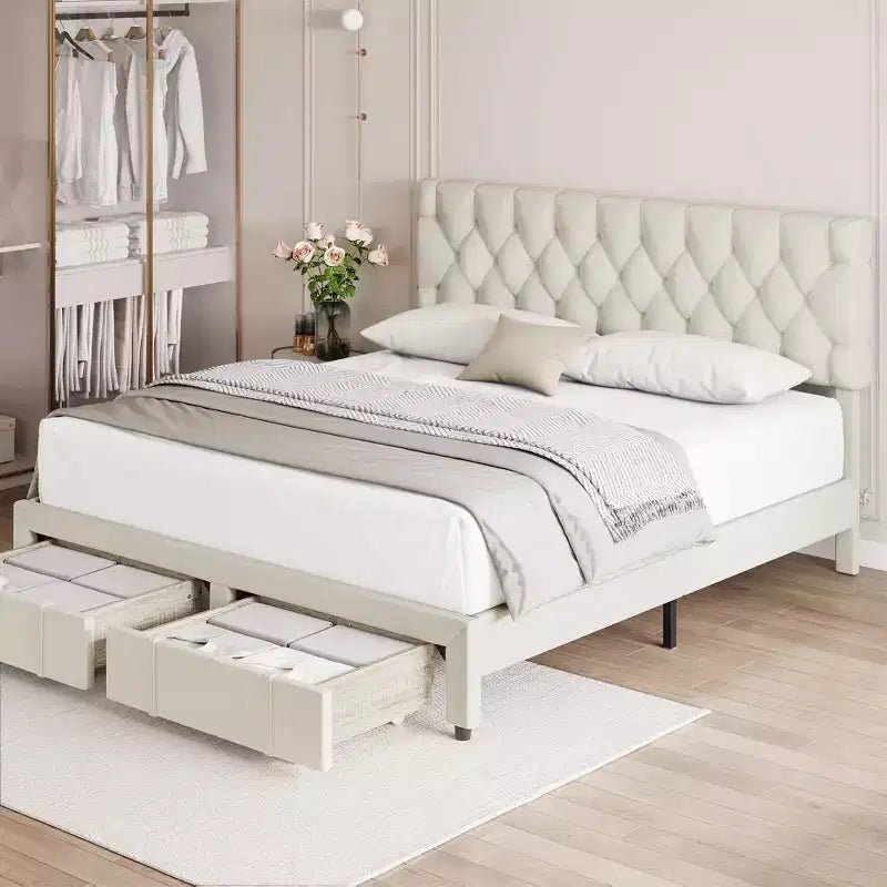 Cadre de lit Queen Size avec 2 tiroirs de rangement, cadre de lit plateforme rembourré avec tête de lit capitonnée réglable, sommier tapissier à lattes