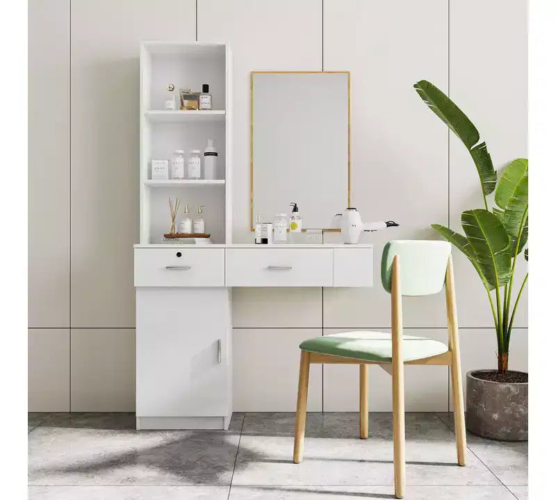 JVNOXK Coiffeuse moderne et minimaliste de 99 cm Design multi-niveaux avec grand espace Comprend deux tiroirs fermés et un meuble blanc