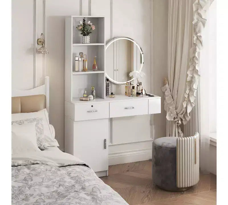 JVNOXK Coiffeuse moderne et minimaliste de 99 cm Design multi-niveaux avec grand espace Comprend deux tiroirs fermés et un meuble blanc