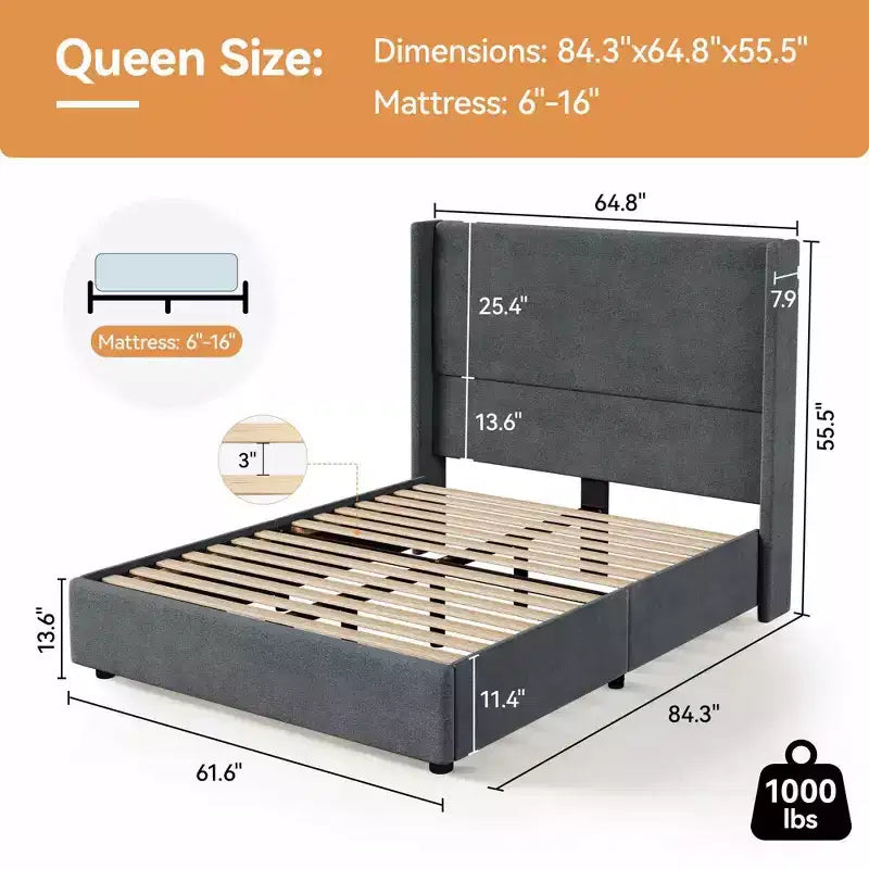 Lit plate-forme capitonné Dyonery Queen avec tête de lit à oreilles de 141 cm, support à lattes en bois silencieux, aucun sommier tapissier requis