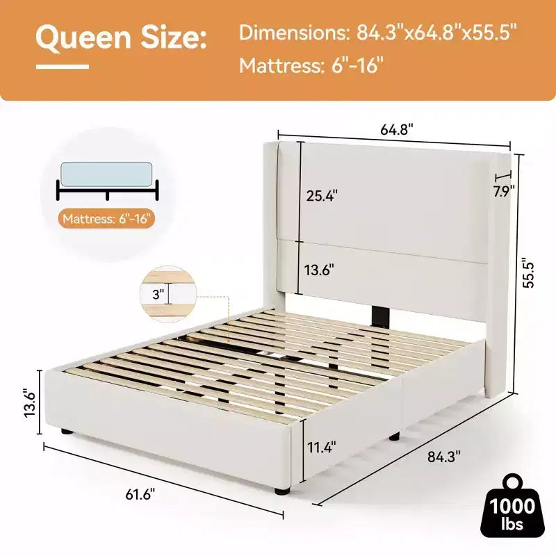 Lit plate-forme capitonné Dyonery Queen avec tête de lit à oreilles de 141 cm, support à lattes en bois silencieux, aucun sommier tapissier requis