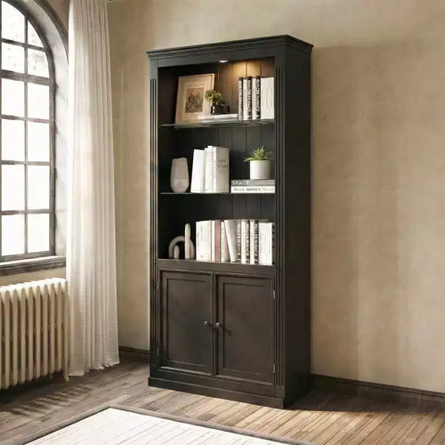 78.75'' Tall Bookcase, Display Cabinet with 5-Color Adjustable LED Ceiling Light & Tempered Glass Shelves, Retro Style - ModernLuxe