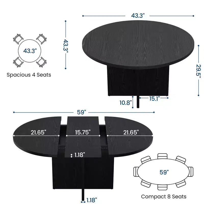 Table à manger extensible élégante, se transforme de ronde à ovale (43,3-59), peut accueillir confortablement 4 à 8 personnes