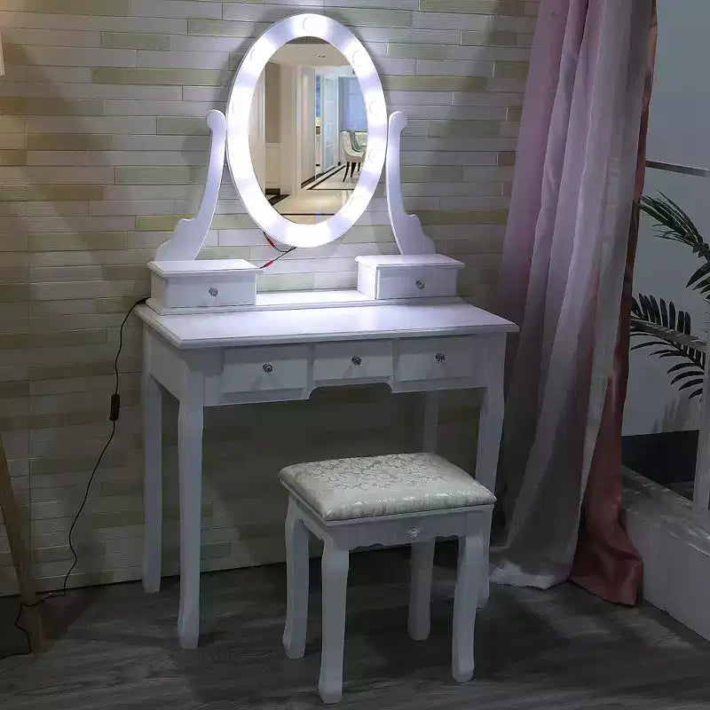 Coiffeuse moderne avec miroir ovale, éclairage réglable sur 3 niveaux, 5 grands tiroirs, avec tabouret rembourré, meuble de maquillage pour chambre à coucher