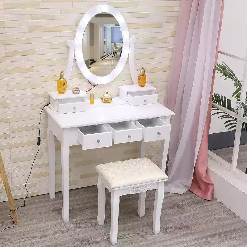 Coiffeuse moderne avec miroir ovale, éclairage réglable sur 3 niveaux, 5 grands tiroirs, avec tabouret rembourré, meuble de maquillage pour chambre à coucher