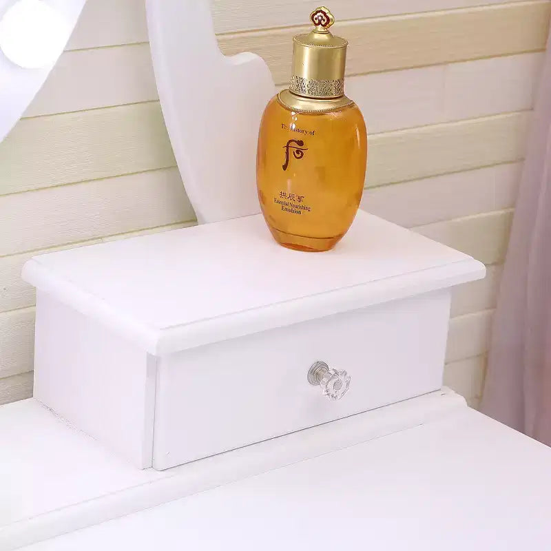 Coiffeuse moderne avec miroir ovale, éclairage réglable sur 3 niveaux, 5 grands tiroirs, avec tabouret rembourré, meuble de maquillage pour chambre à coucher