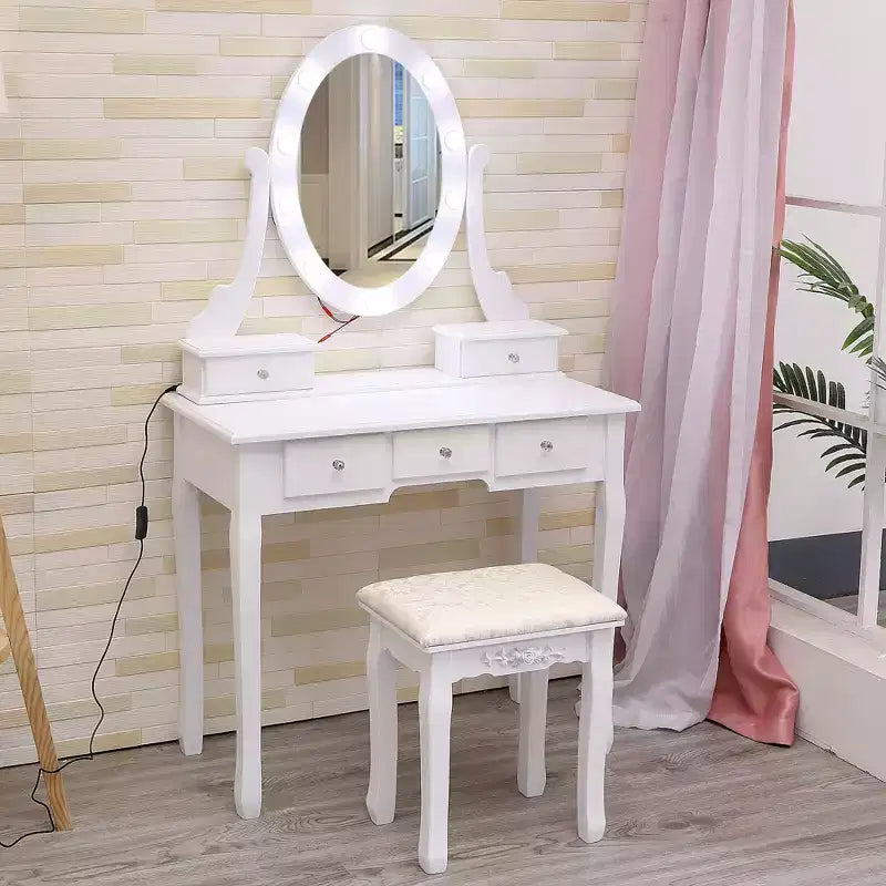 Coiffeuse moderne avec miroir ovale, éclairage réglable sur 3 niveaux, 5 grands tiroirs, avec tabouret rembourré, meuble de maquillage pour chambre à coucher