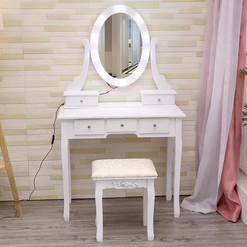 Coiffeuse moderne avec miroir ovale, éclairage réglable sur 3 niveaux, 5 grands tiroirs, avec tabouret rembourré, meuble de maquillage pour chambre à coucher