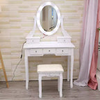 Coiffeuse moderne avec miroir ovale, éclairage réglable sur 3 niveaux, 5 grands tiroirs, avec tabouret rembourré, meuble de maquillage pour chambre à coucher