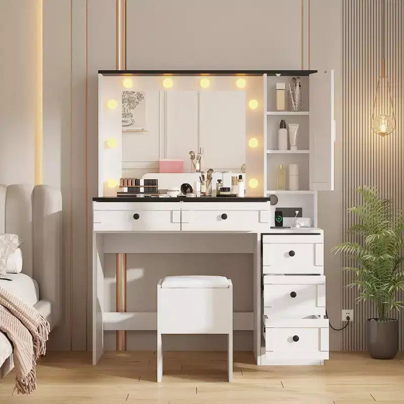 Coiffeuse blanche moderne, style ferme, avec tabouret rembourré, miroir, six tiroirs et un meuble à portes