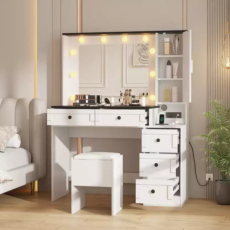 Coiffeuse blanche moderne, style ferme, avec tabouret rembourré, miroir, six tiroirs et un meuble à portes