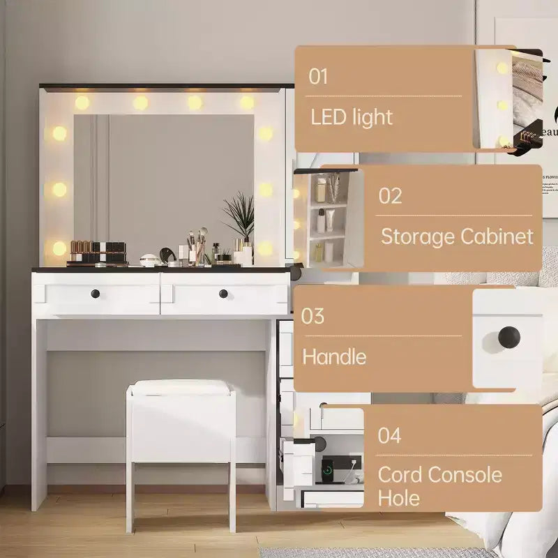 Coiffeuse blanche moderne, style ferme, avec tabouret rembourré, miroir, six tiroirs et un meuble à portes