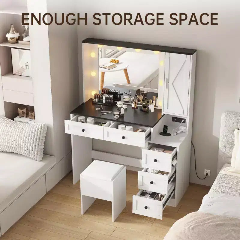 Coiffeuse blanche moderne, style ferme, avec tabouret rembourré, miroir, six tiroirs et un meuble à portes
