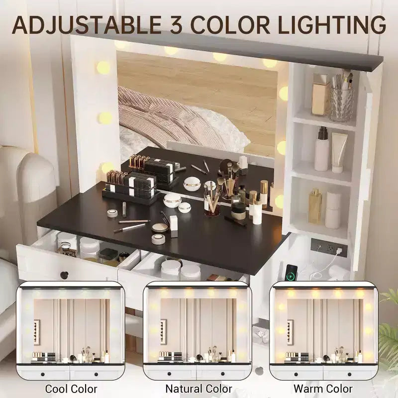 Coiffeuse blanche moderne, style ferme, avec tabouret rembourré, miroir, six tiroirs et un meuble à portes