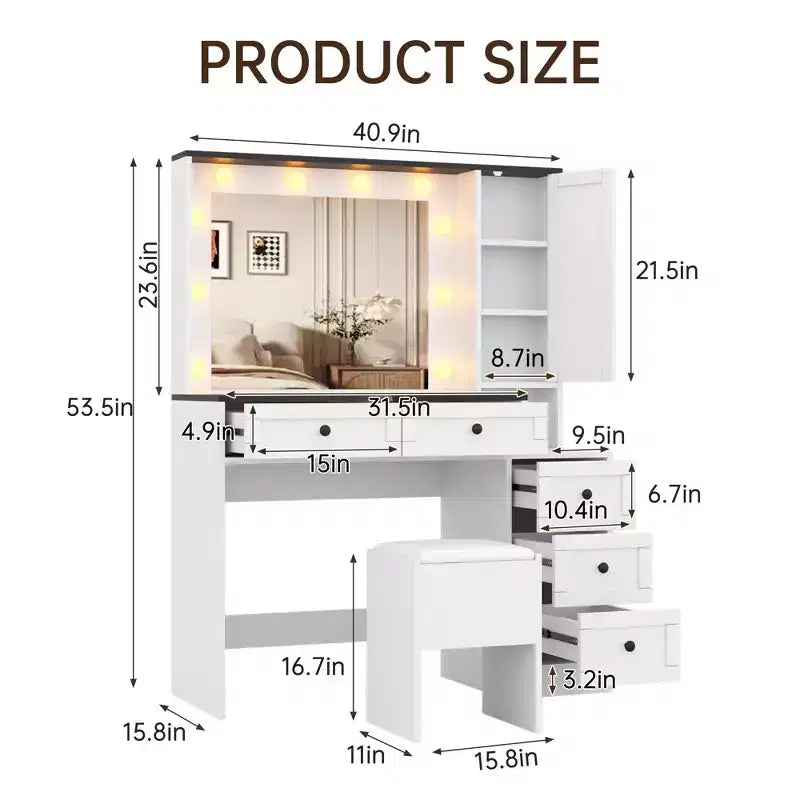 Coiffeuse blanche moderne, style ferme, avec tabouret rembourré, miroir, six tiroirs et un meuble à portes