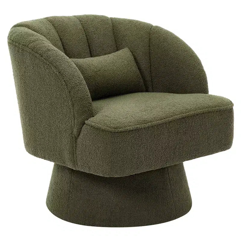 Fauteuil crapaud moderne, pivotant à 360°, avec dossier rayé incurvé et assise large et rembourrée, adapté aux salons, chambres à coucher.
