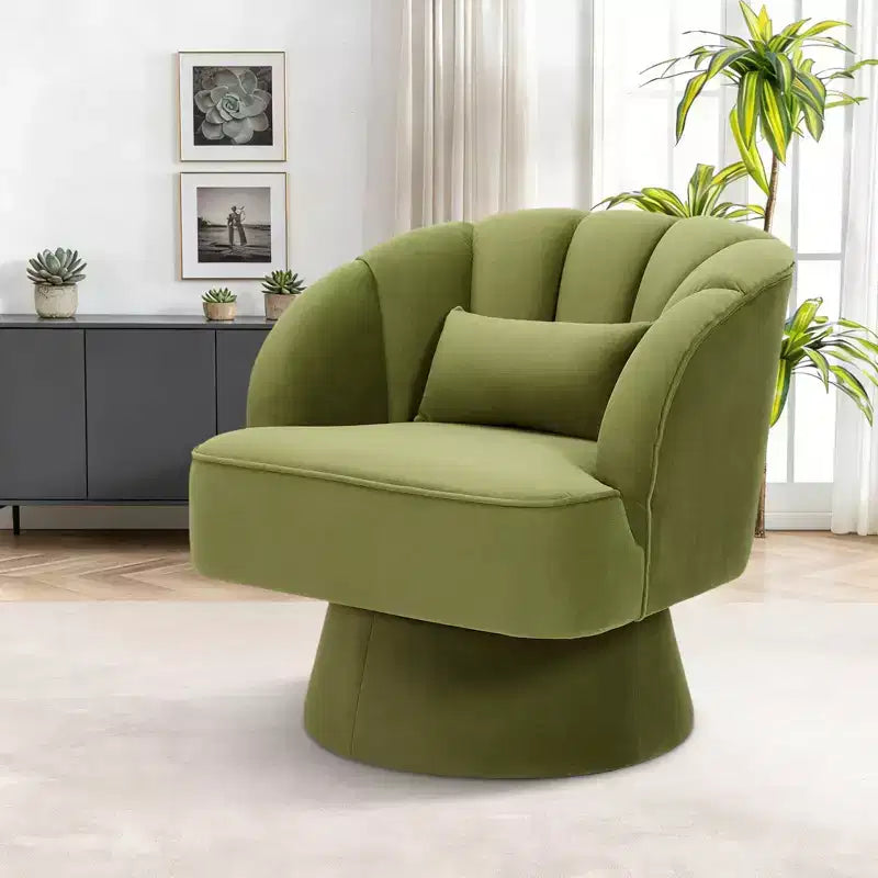 Fauteuil crapaud moderne, pivotant à 360°, avec dossier rayé incurvé et assise large et rembourrée, adapté aux salons, chambres à coucher.