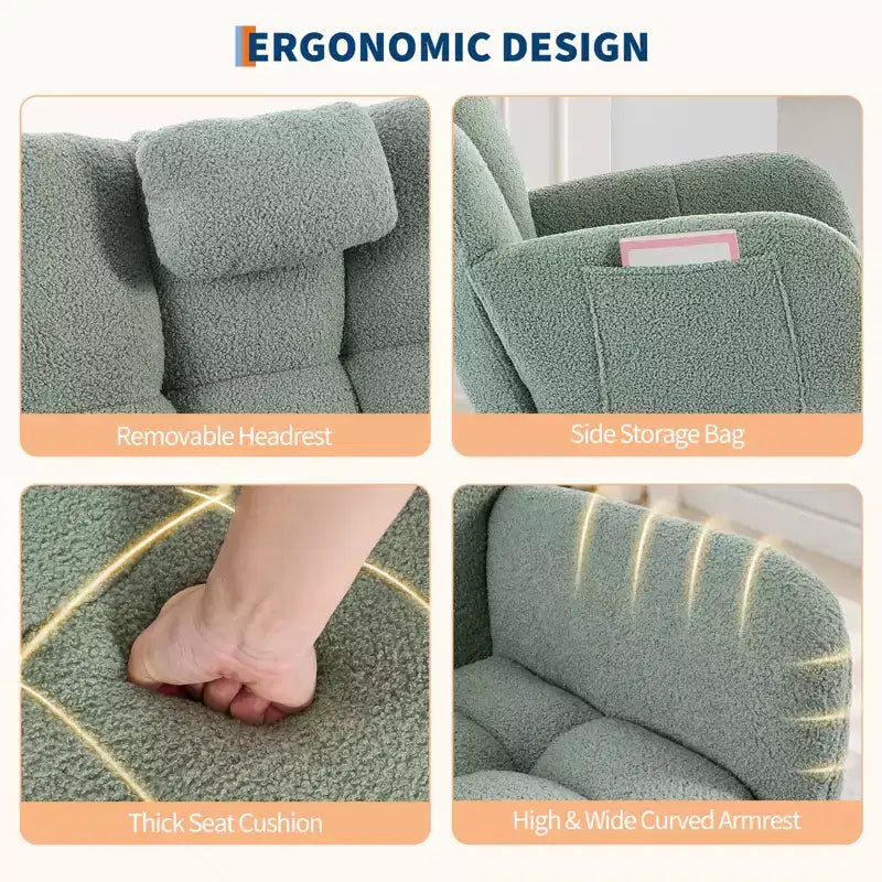 Fauteuil à bascule confortable à dossier haut, fauteuil rembourré, fauteuil inclinable simple et moderne avec appui-tête, adapté au salon et à la chambre à coucher.