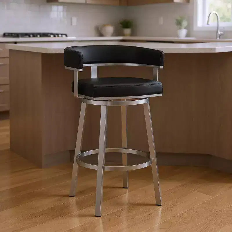 HomeRoots 26 Chaise de bar pivotante basse en similicuir et fer noir et argent, hauteur comptoir