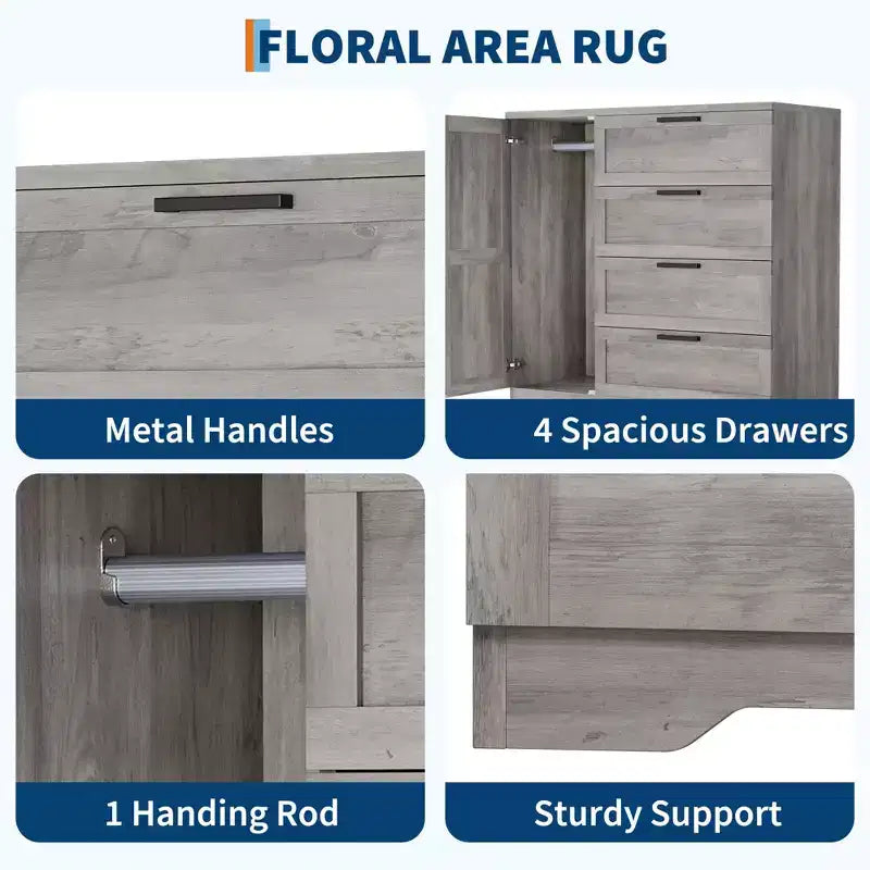 Armoire-penderie, 110 cm de hauteur, en bois, avec 4 tiroirs et une tringle de suspension, chêne gris naturel