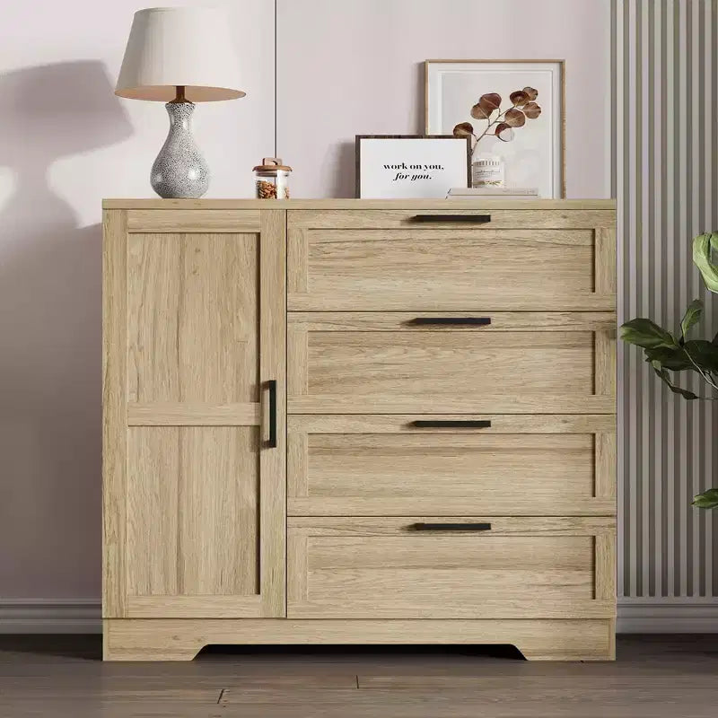 Armoire-penderie, 110 cm de hauteur, en bois, avec 4 tiroirs et une tringle de suspension, chêne gris naturel