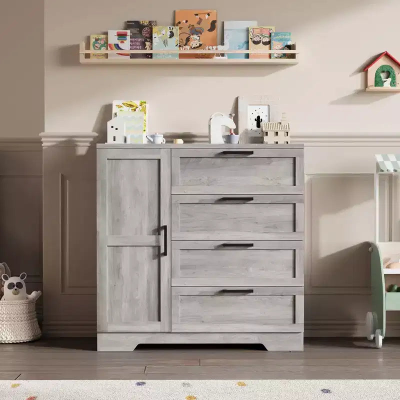 Armoire-penderie, 110 cm de hauteur, en bois, avec 4 tiroirs et une tringle de suspension, chêne gris naturel