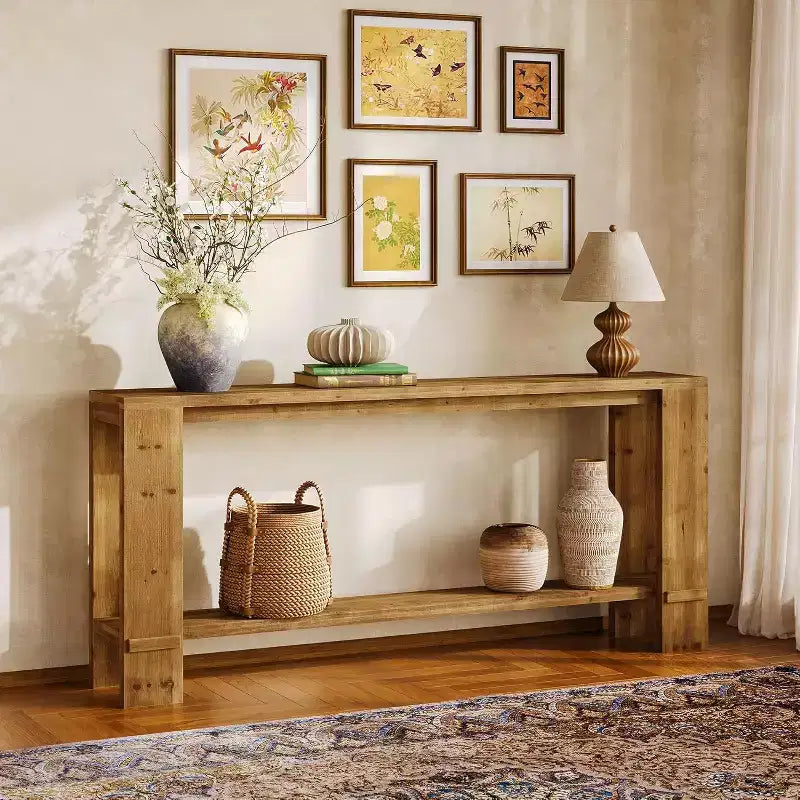 Console de 70 pouces en bois massif Lantine, Table de canapé de style ferme pour derrière le canapé, Table d'entrée étroite pour le salon, le couloir, Couleur bois naturel