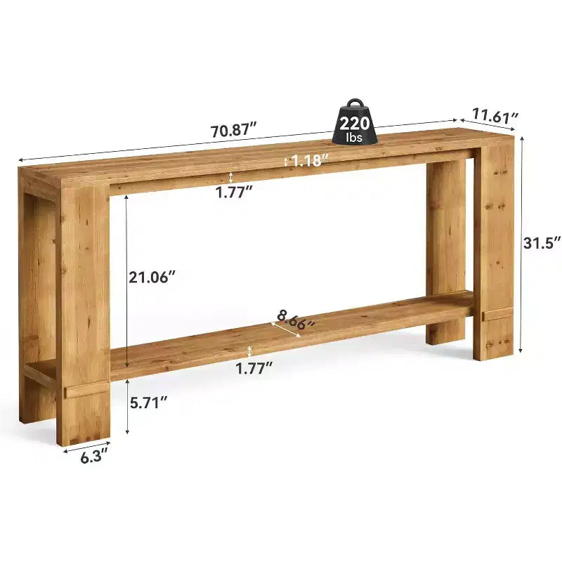 Console de 70 pouces en bois massif Lantine, Table de canapé de style ferme pour derrière le canapé, Table d'entrée étroite pour le salon, le couloir, Couleur bois naturel