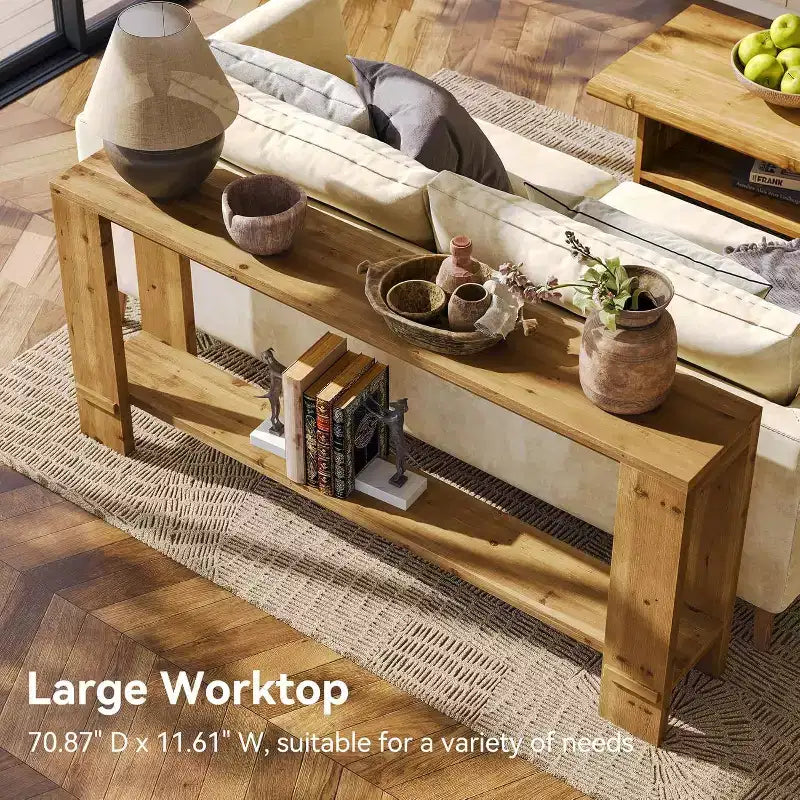 Console de 70 pouces en bois massif Lantine, Table de canapé de style ferme pour derrière le canapé, Table d'entrée étroite pour le salon, le couloir, Couleur bois naturel