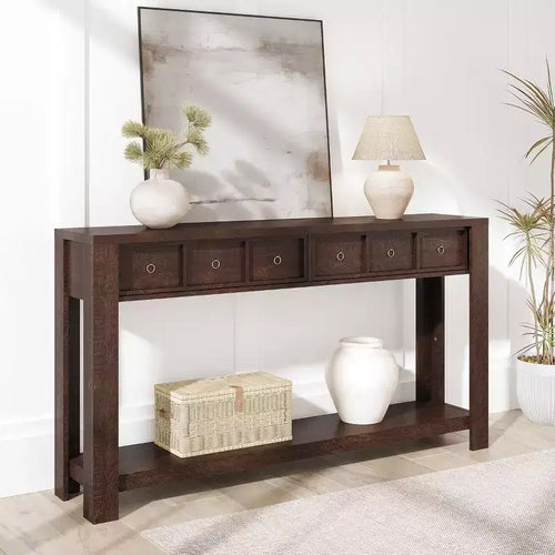 59 in Long Console Table, Wooden Entryway Table with 2 Drawers & Open Storage Shelf, Sofa Table Behind Couch, Farmhouse Entry Foyer Table for Entryway