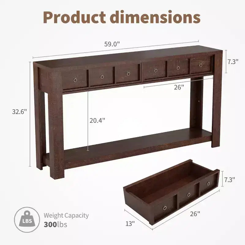 Console de 150 cm de long, Table d'entrée en bois avec 2 tiroirs et étagère de rangement ouverte, Table de canapé, Table de foyer de ferme pour entrée