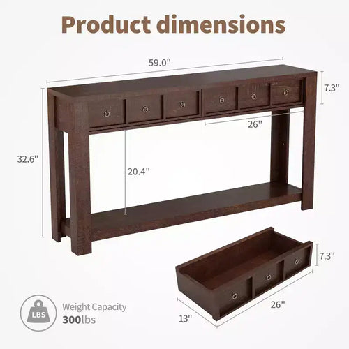 Console de 150 cm de long, Table d'entrée en bois avec 2 tiroirs et étagère de rangement ouverte, Table de canapé, Table de foyer de ferme pour entrée