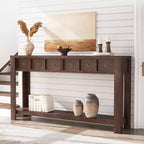 Console de 150 cm de long, Table d'entrée en bois avec 2 tiroirs et étagère de rangement ouverte, Table de canapé, Table de foyer de ferme pour entrée