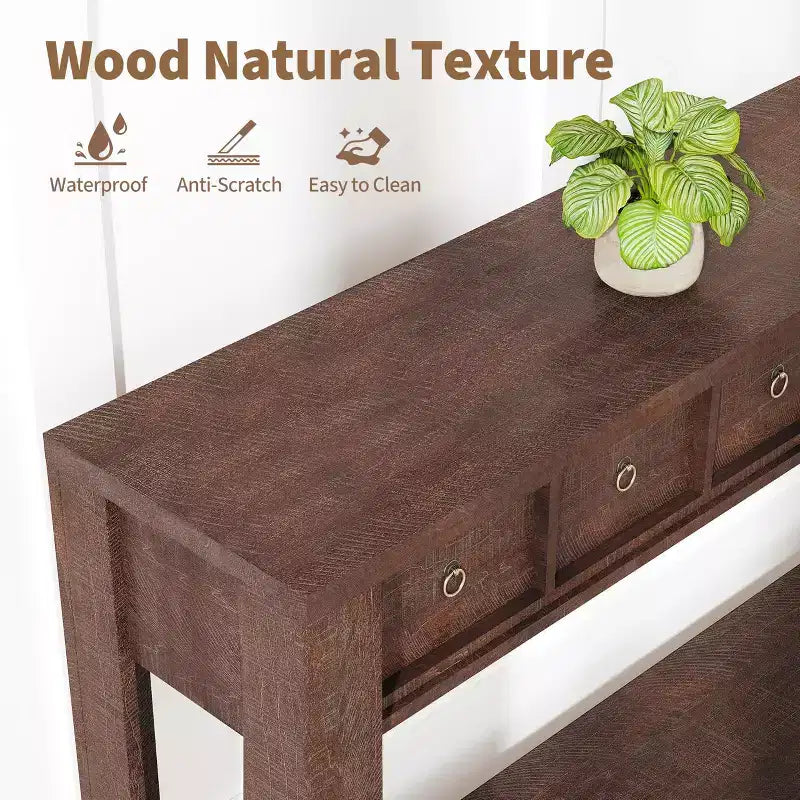 Console de 150 cm de long, Table d'entrée en bois avec 2 tiroirs et étagère de rangement ouverte, Table de canapé, Table de foyer de ferme pour entrée