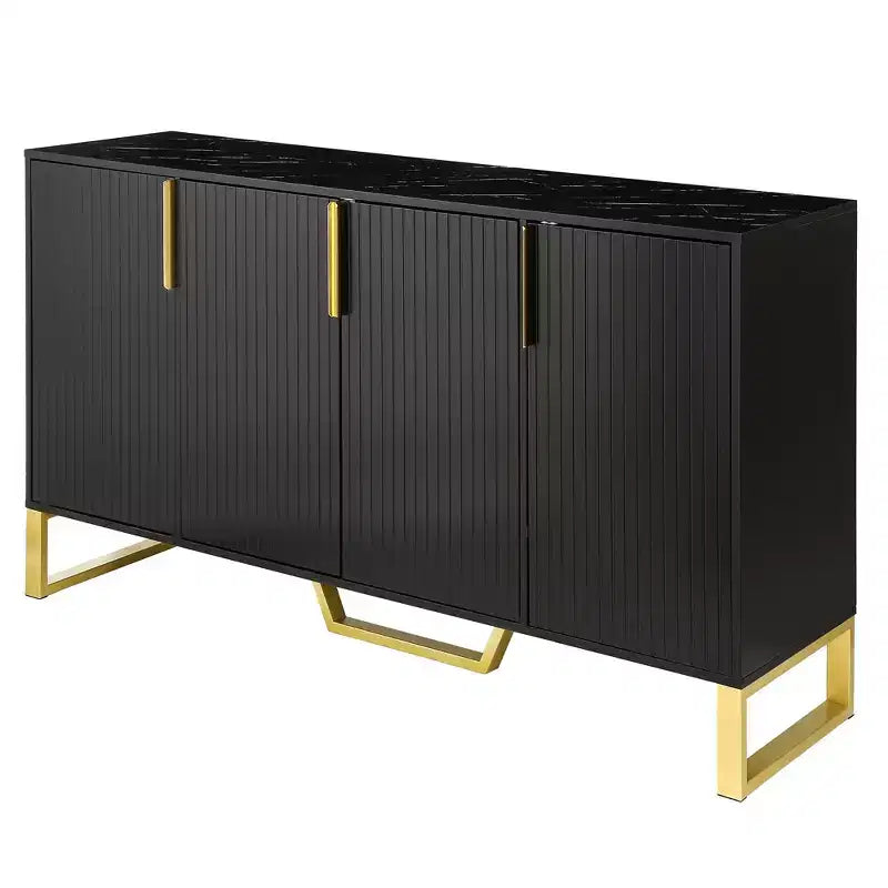 JVNOXK Buffet quatre portes moderne avec poignées et pieds en métal, étagères réglables, armoire de cuisine avec espace de rangement, convient aux cuisines, noir