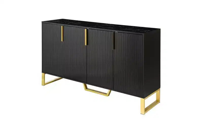JVNOXK Buffet quatre portes moderne avec poignées et pieds en métal, étagères réglables, armoire de cuisine avec espace de rangement, convient aux cuisines, noir