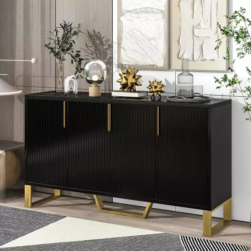 JVNOXK Buffet quatre portes moderne avec poignées et pieds en métal, étagères réglables, armoire de cuisine avec espace de rangement, convient aux cuisines, noir