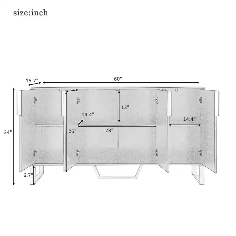 JVNOXK Buffet quatre portes moderne avec poignées et pieds en métal, étagères réglables, armoire de cuisine avec espace de rangement, convient aux cuisines, noir