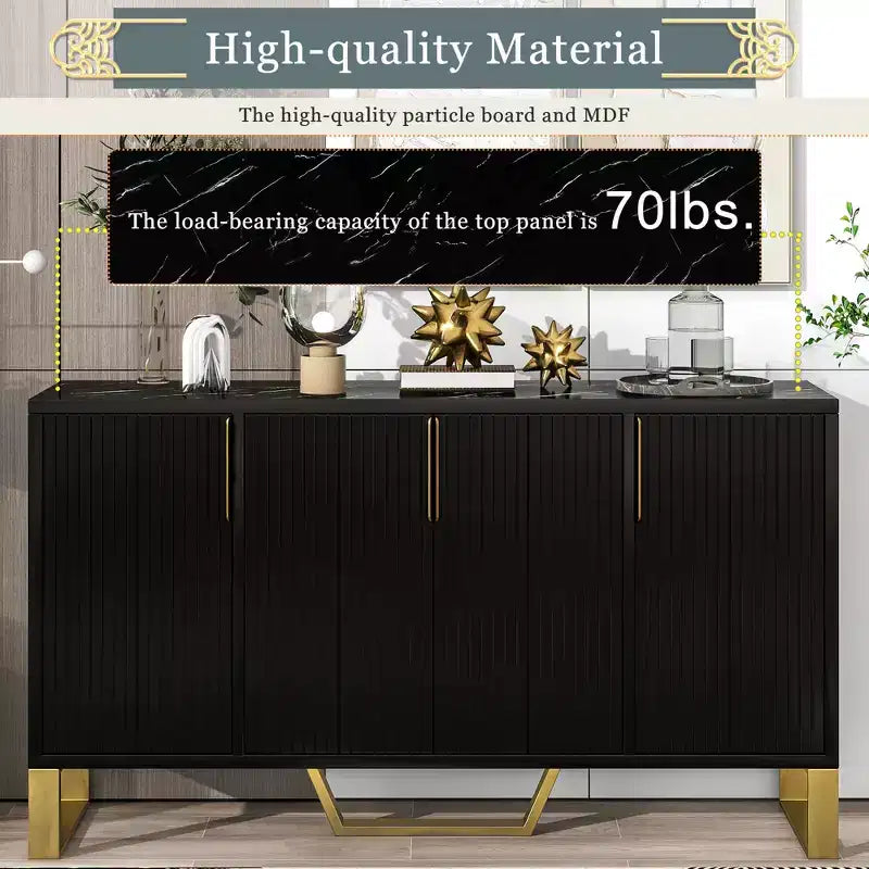 JVNOXK Buffet quatre portes moderne avec poignées et pieds en métal, étagères réglables, armoire de cuisine avec espace de rangement, convient aux cuisines, noir