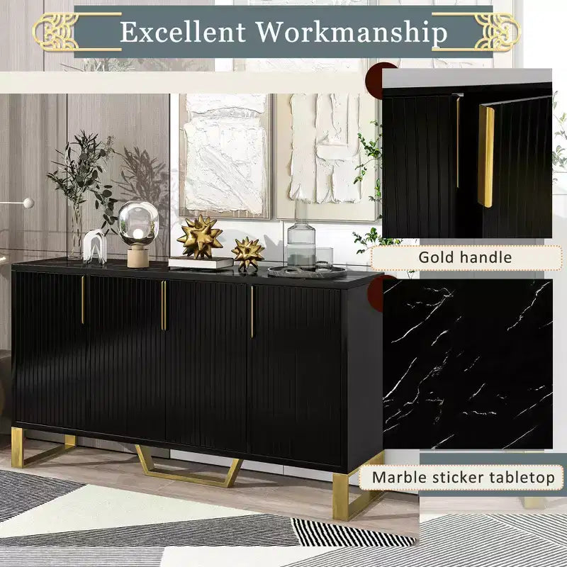 JVNOXK Buffet quatre portes moderne avec poignées et pieds en métal, étagères réglables, armoire de cuisine avec espace de rangement, convient aux cuisines, noir