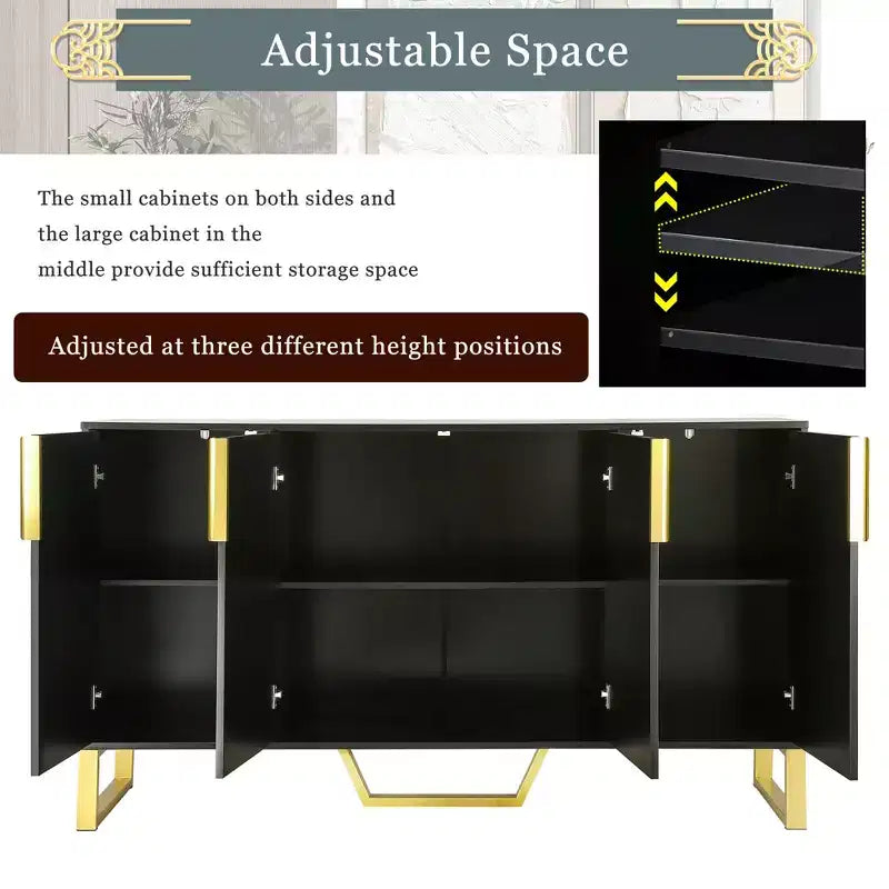 JVNOXK Buffet quatre portes moderne avec poignées et pieds en métal, étagères réglables, armoire de cuisine avec espace de rangement, convient aux cuisines, noir