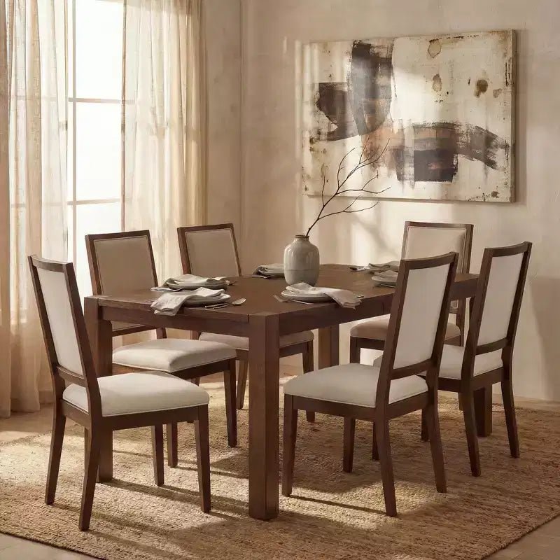 Ensemble de salle à manger moderne - Table 80" + 6 chaises rembourrées, cadre en bois massif, capacité de la table 400lbs, assemblage facile
