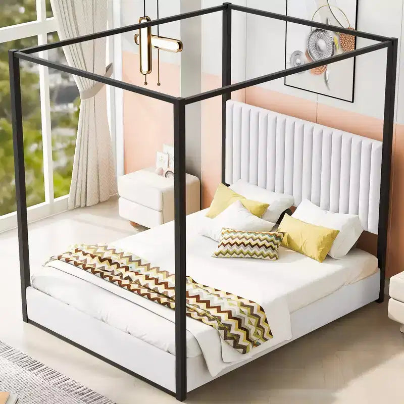 Lit plateforme à baldaquin tapissé grand lit/très grand lit avec tête de lit et cadre en métal - ModernLuxe