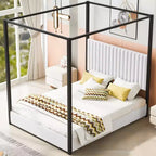 Lit plateforme à baldaquin tapissé grand lit/très grand lit avec tête de lit et cadre en métal - ModernLuxe