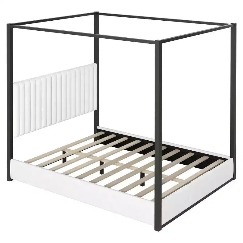 Lit plateforme à baldaquin tapissé grand lit/très grand lit avec tête de lit et cadre en métal - ModernLuxe