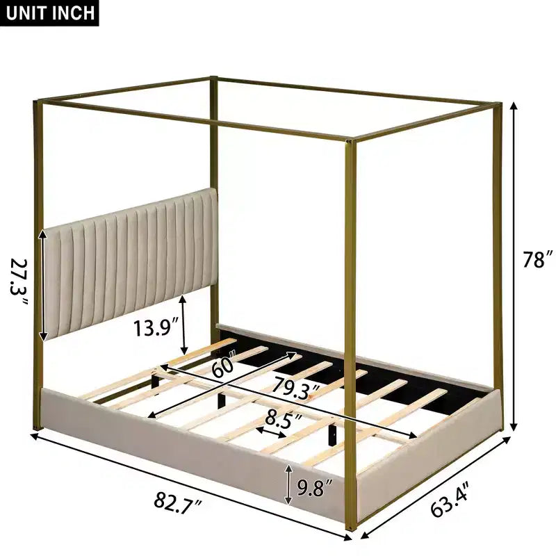 Lit plateforme à baldaquin tapissé grand lit/très grand lit avec tête de lit et cadre en métal - ModernLuxe